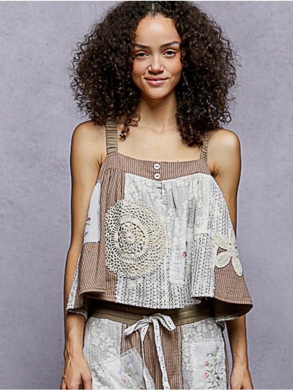 POL Crochet Patchwork Tank Top - Brown & Cream